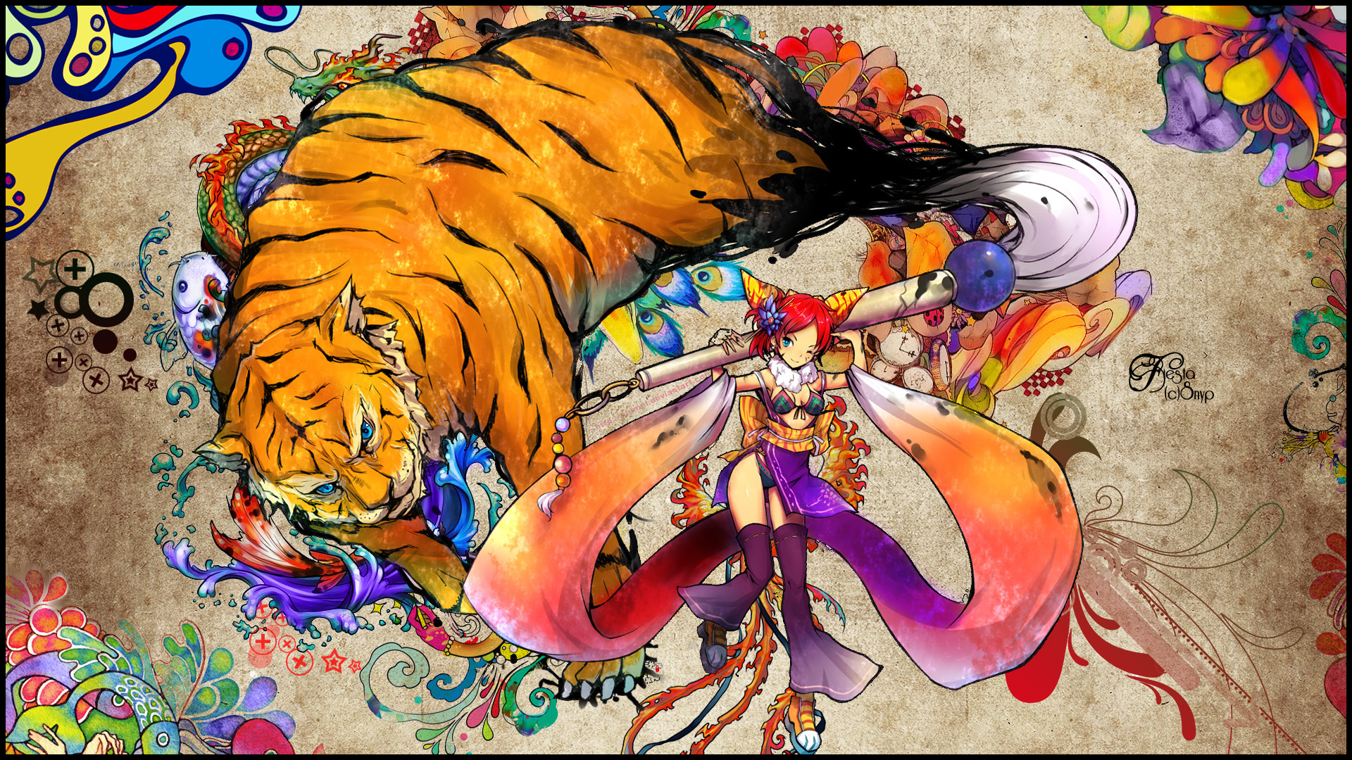 snyp, original, highres, 1girl, bird, blue eyes, calligraphy brush, dragon, female focus, fish, flower, koi, one eye closed, paintbrush, peacock, red hair, solo, tiger, wink