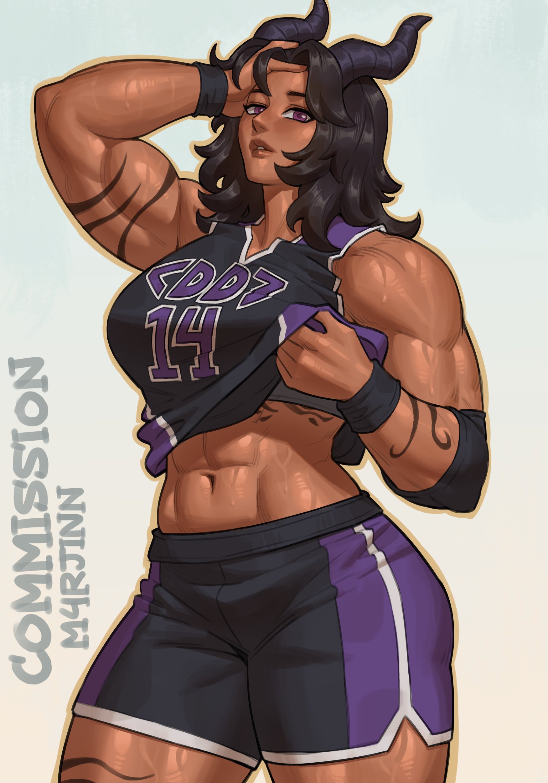 m4rjinn, original, absurdres, commentary, commission, english commentary, highres, 1girl, abs, arm tattoo, artist name, black hair, black horns, black shirt, black shorts, blue background, bra, bracelet, breasts, cowboy shot, dark-skinned female, dark skin, elbow pads, gradient background, grey background, grey bra, hand in own hair, hand to forehead, horns, jewelry, large breasts, leg tattoo, lips, looking at viewer, medium hair, midriff, muscular, muscular female, navel, nose, outline, parted lips, purple eyes, purple shorts, rib tattoo, shirt, shorts, shoulder tattoo, solo, sweat, tattoo, two-tone shorts, underwear, yellow outline