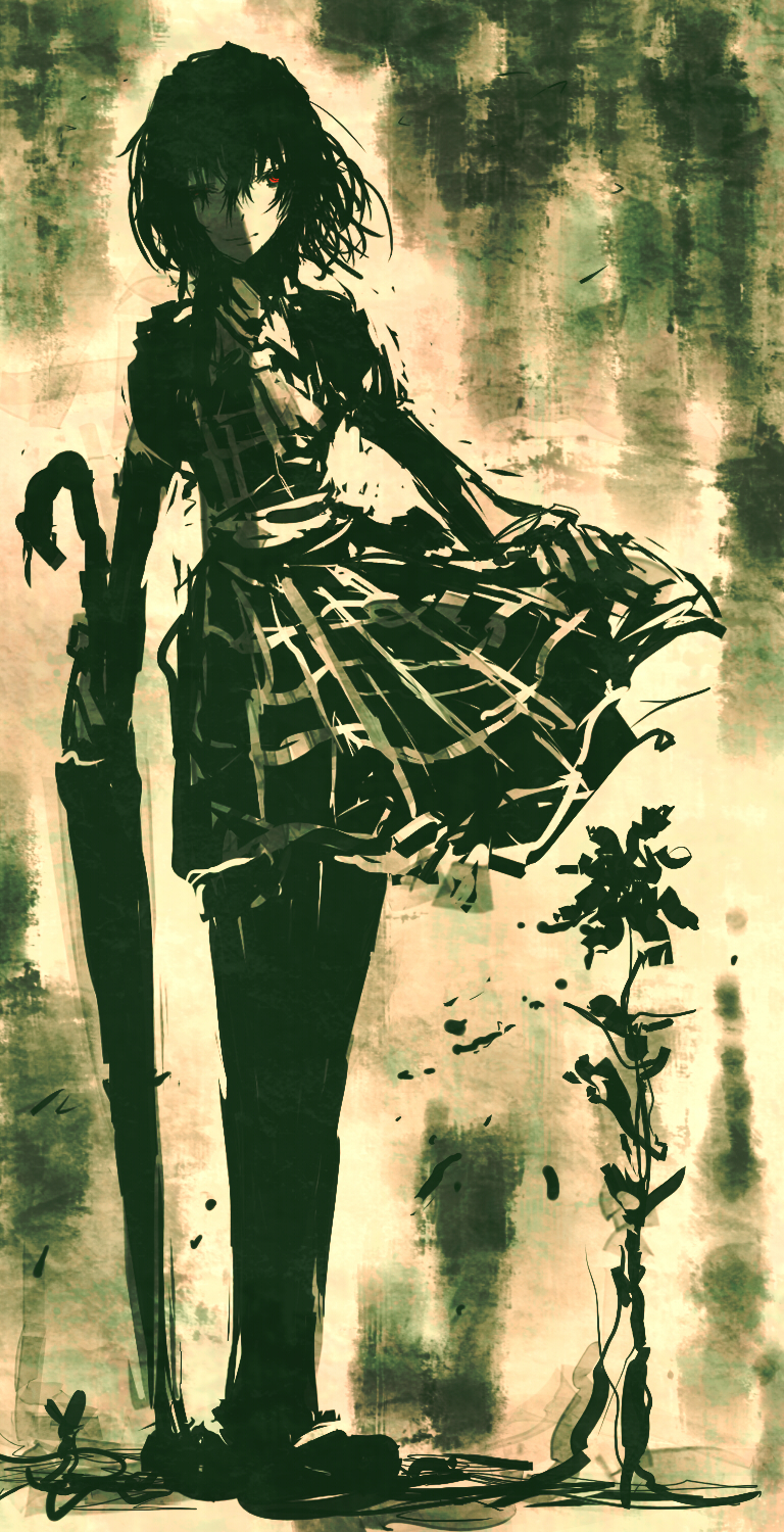 violence kumahina, kazami yuuka, touhou, bad id, bad pixiv id, highres, 1girl, ascot, closed umbrella, creepy, female focus, flower, green theme, horror (theme), light smile, monochrome, one eye closed, parasol, plaid clothes, plaid skirt, red eyes, shaded face, skirt, smile, solo, spot color, thighhighs, umbrella, wind, wink, yellow theme