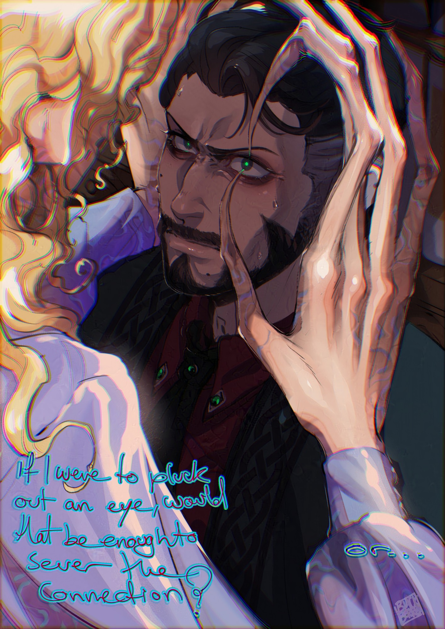 blackberreh-art, elias bouchard, the magnus archives, commentary, english commentary, highres, 2boys, black hair, blonde hair, chromatic aberration, crow's feet, curly hair, design speculation, distortion (tma), earrings, frown lines, jewelry, jowls, lips, long fingers, long hair, male focus, michael shelley, mole, mole under eye, monster boy, multiple boys, shirt, smile lines, threat