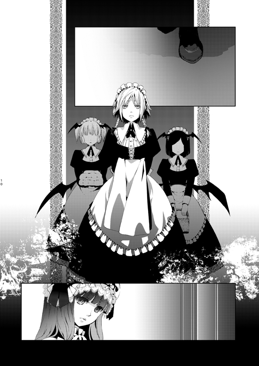 mochinue, izayoi sakuya, patchouli knowledge, touhou, bad id, bad pixiv id, 4girls, apron, basket, bat wings, comic, dress, female focus, frills, greyscale, head wings, maid, maid apron, maid headdress, monochrome, multiple girls, silent comic, towel, wings