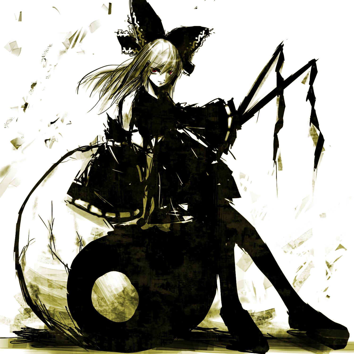 violence kumahina, hakurei reimu, touhou, bad id, bad pixiv id, highres, 1girl, detached sleeves, female focus, gohei, japanese clothes, miko, monochrome, red eyes, ribbon, sitting, solo, spot color, yin yang