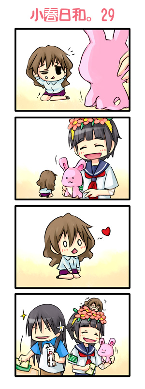 piku, kiyama harumi, saten ruiko, uiharu kazari, toaru kagaku no railgun, toaru majutsu no index, 4koma, chibi, comic, flower, hair flower, hair ornament, head wreath, long hair, rabbit, school uniform, serafuku, short hair, silent comic, stuffed animal, stuffed toy, tears