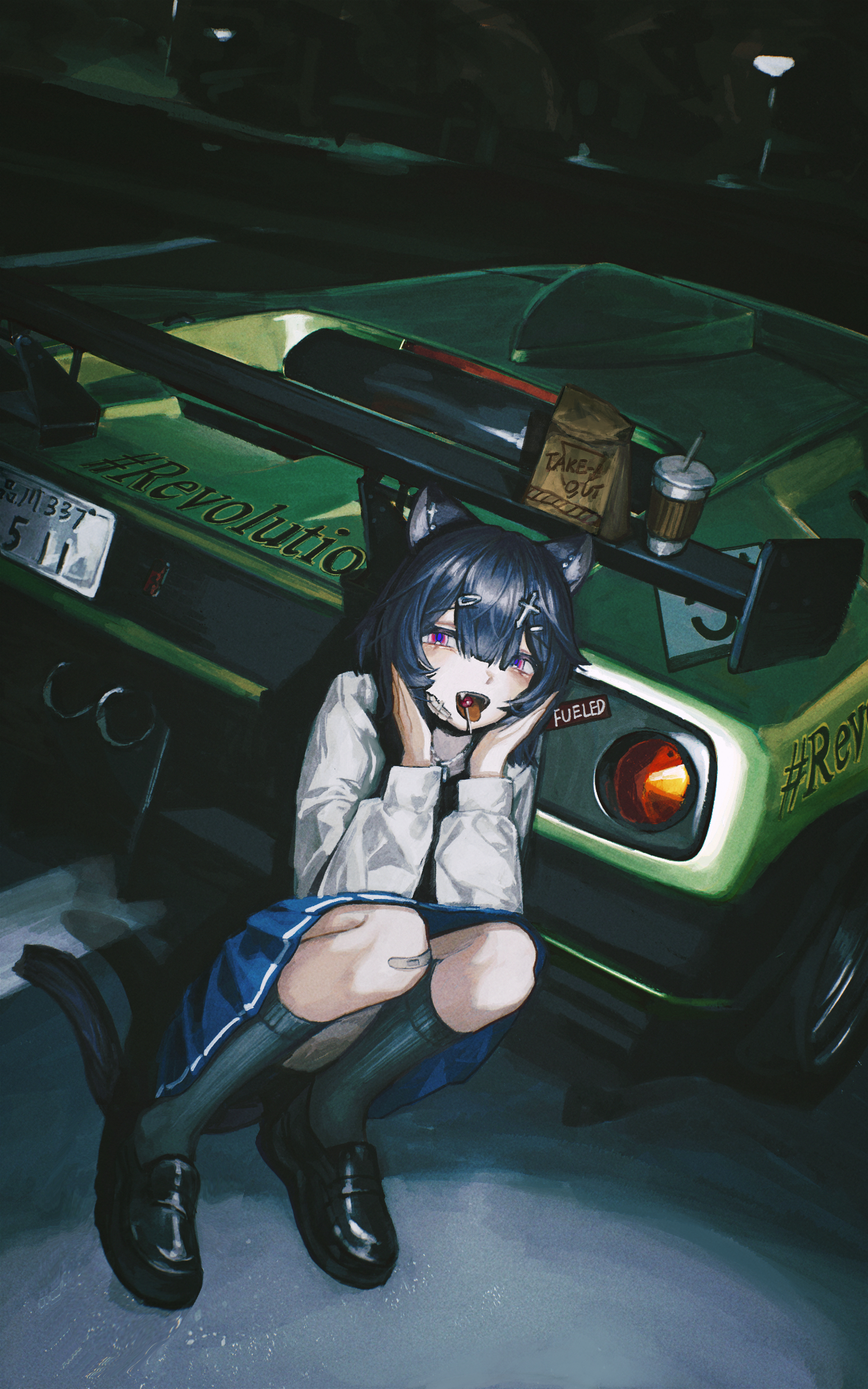 original, absurdres, highres, 1girl, animal ear piercing, animal ears, bandaid, bandaid on cheek, bandaid on face, black hair, black shoes, black socks, blue skirt, candy, car, cat ears, cat girl, cat tail, drawer bushi huajia, fang, food, green car, hair ornament, hairclip, hands on own face, lamborghini diablo, lollipop, lollipop in mouth, looking at viewer, medium hair, motor vehicle, pleated skirt, purple eyes, school uniform, serafuku, shirt, shoes, skirt, socks, solo, squatting, sword hair ornament, tail, white shirt