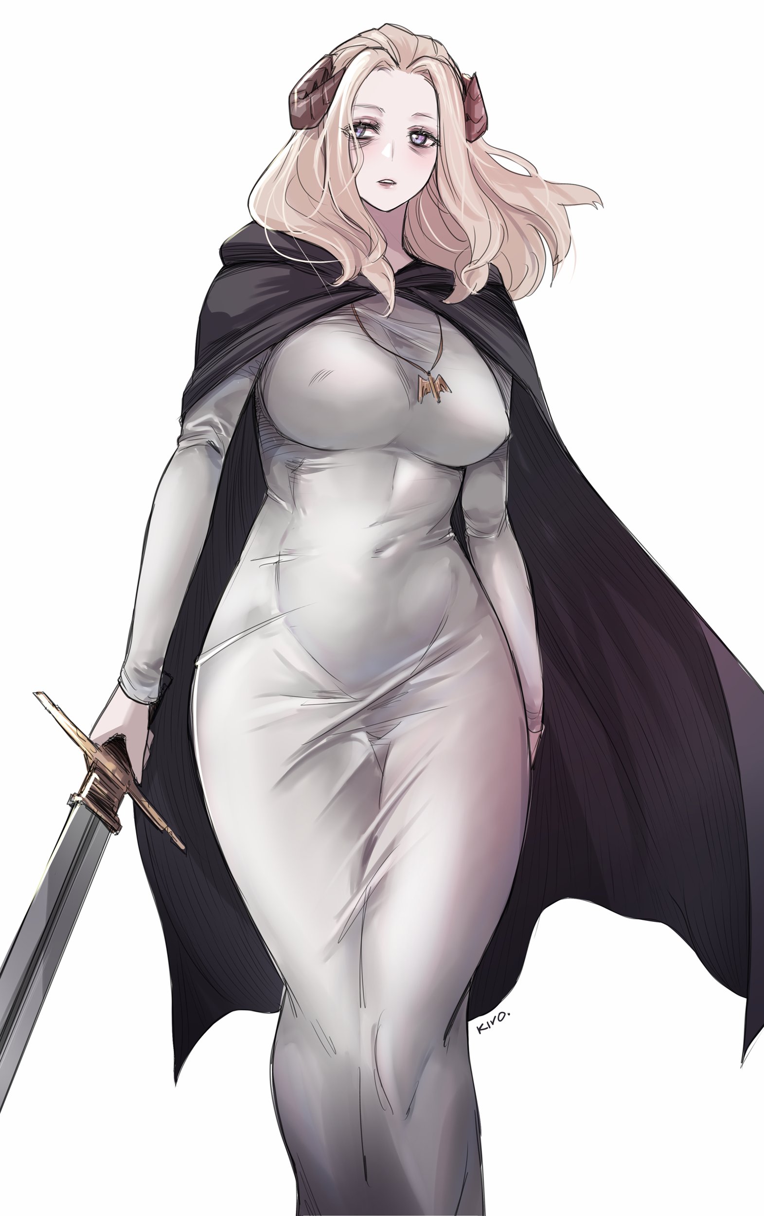 kivo, sousou no frieren, absurdres, character request, commentary, english commentary, highres, black cape, blonde hair, breasts, cape, covered erect nipples, covered navel, demon girl, dress, holding, holding sword, holding weapon, horns, jewelry, long hair, looking at viewer, necklace, simple background, sword, weapon, white background, white dress