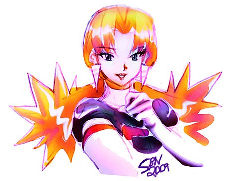 rubyconcream, cassidy (pokemon), nintendo, pokemon, pokemon (anime), lowres, 1girl, blonde hair, earrings, elbow gloves, female focus, gloves, jewelry, signature, solo, team rocket, team rocket uniform, twintails