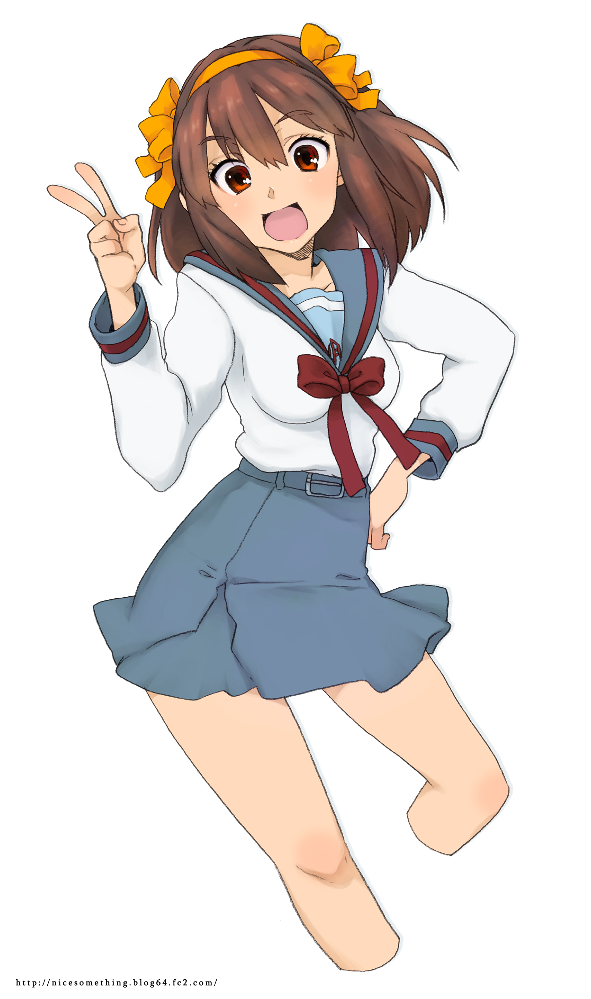 kari (kakko k), suzumiya haruhi, suzumiya haruhi no yuuutsu, bad id, bad pixiv id, highres, 1girl, brown eyes, brown hair, female focus, hair ribbon, hairband, hand on own hip, hip focus, ribbon, school uniform, serafuku, short hair, solo, v