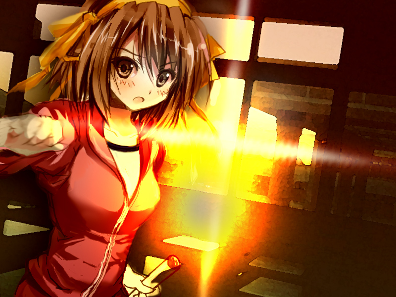 shiawase usagi, suzumiya haruhi, suzumiya haruhi no yuuutsu, bad id, bad pixiv id, brown eyes, brown hair, short hair, solo, sunset