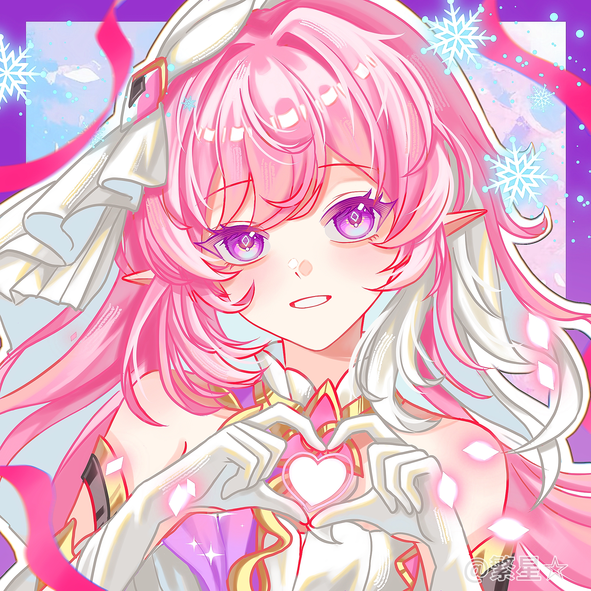 elysia (herrscher of human: ego) (honkai impact), elysia (honkai impact), honkai (series), honkai impact 3rd, chinese commentary, commentary request, highres, 1girl, bare shoulders, border, breasts, corset, elf, fanxing fx, four-finger heart hands, gloves, heart, heart hands, looking at viewer, medium breasts, multicolored hair, pink hair, pointy ears, purple border, purple eyes, smile, snowflakes, solo, triquetra, two-tone hair, veil, white corset, white gloves, white hair, white veil