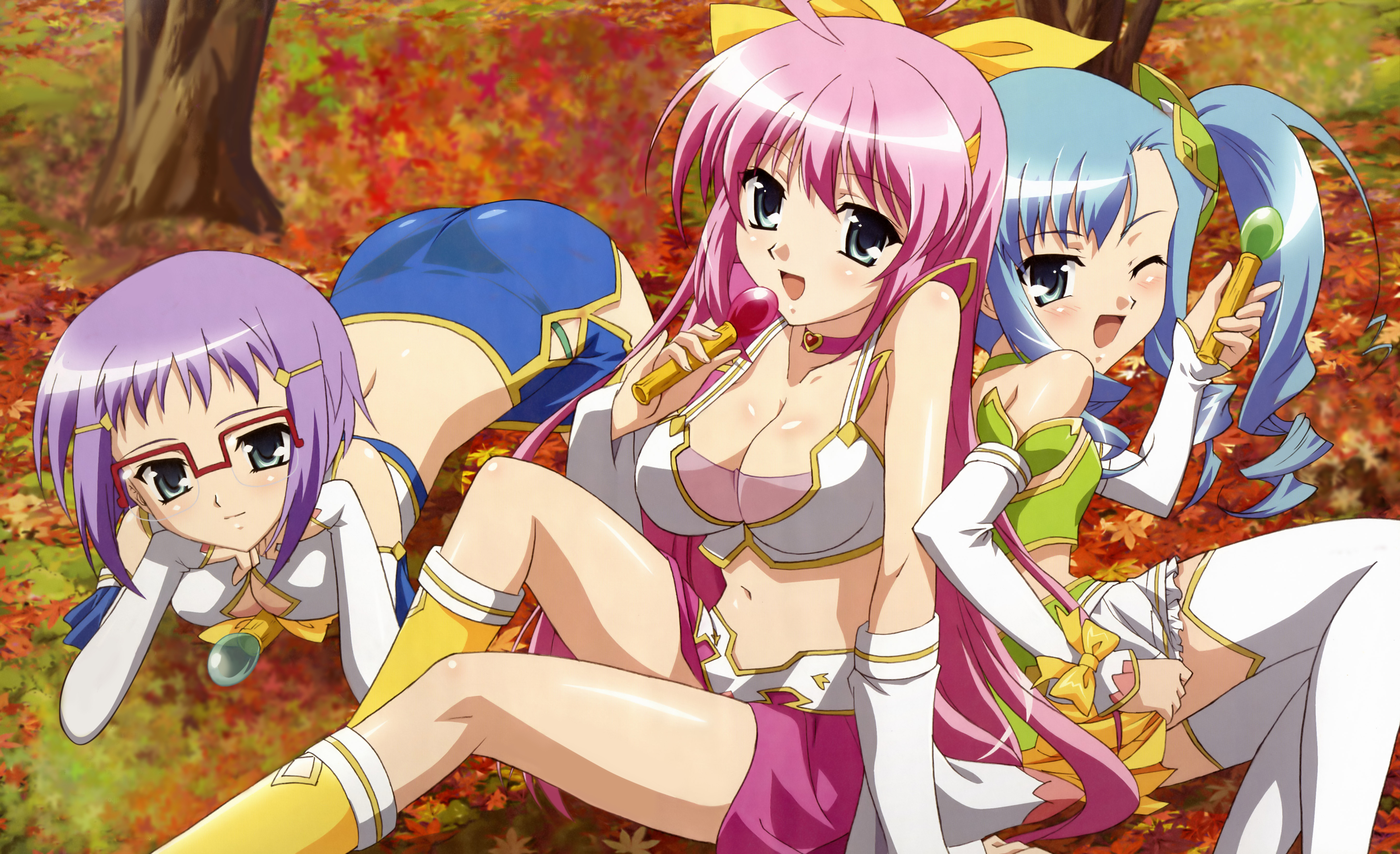 hiratsuka tomoya, chouhou (koihime musou), choukaku (koihime musou), chouryou (renhou) (koihime musou), koihime musou, absurdres, highres, official art, 3girls, ass, autumn leaves, blue hair, breasts, cleavage, glasses, green eyes, leaf, multiple girls, one eye closed, open mouth, pink hair, purple hair, siblings, sisters, thighhighs, wink