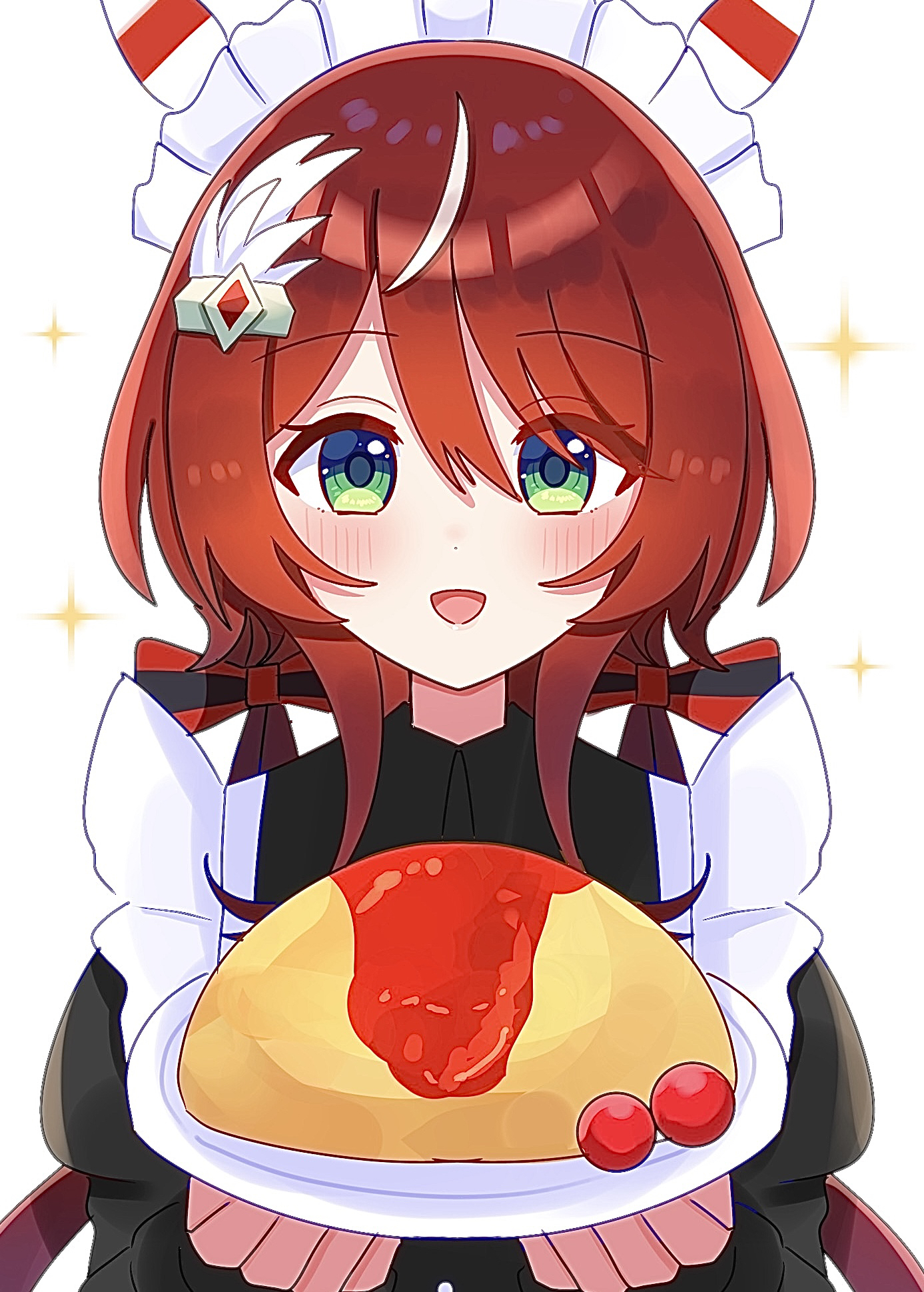 shiroiro obake, win variation (umamusume), umamusume, commentary request, highres, 1girl, alternate costume, animal ears, blush, enmaided, food, green eyes, hair between eyes, hair ornament, horse ears, horse girl, long hair, low twintails, maid, omelet, omurice, open mouth, plate, portrait, solo, sparkle, twintails, white background