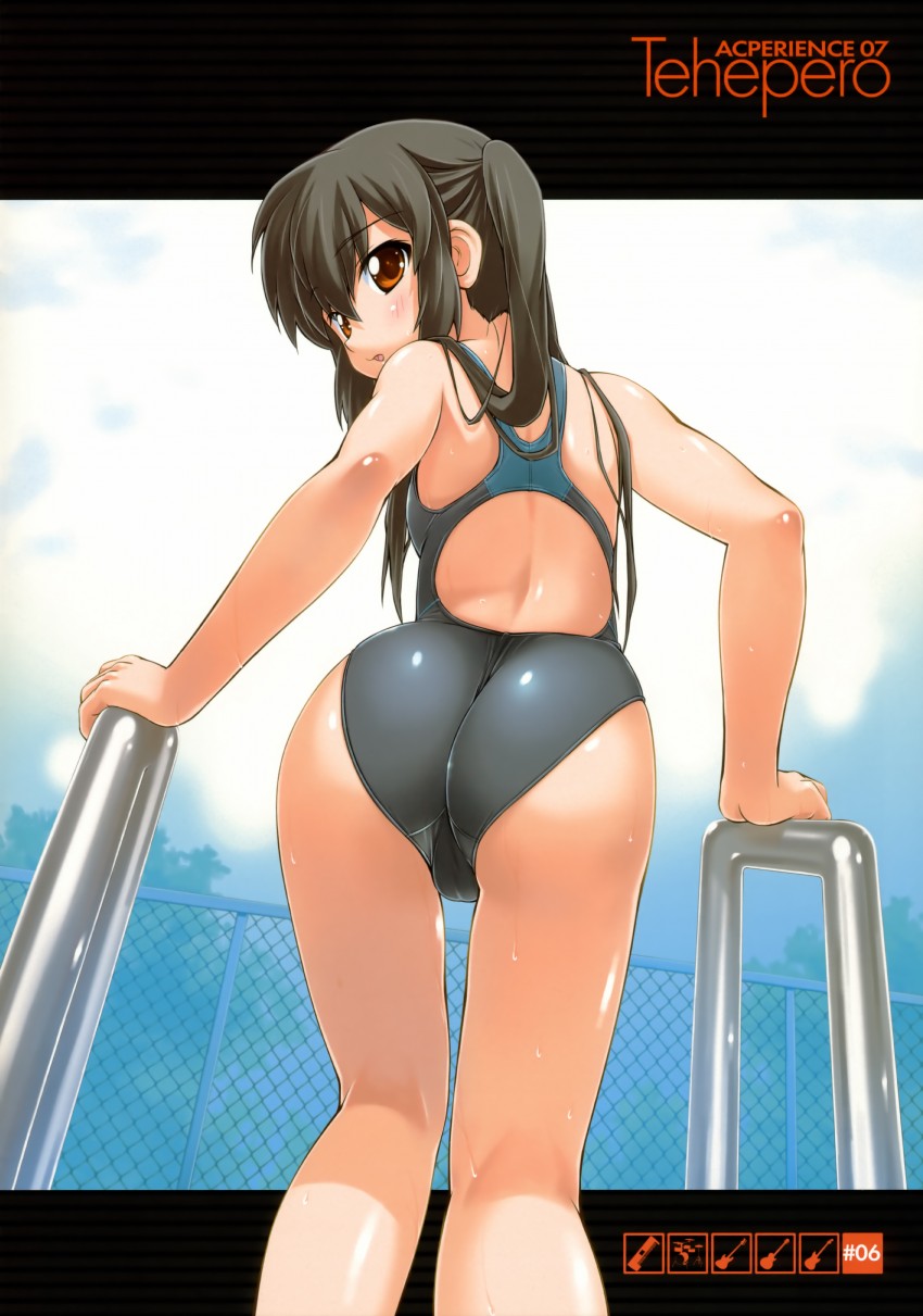bakutendou, nakano azusa, k-on!, highres, ass, black hair, blush, brown eyes, competition swimsuit, long hair, looking back, one-piece swimsuit, pool, poolside, sky, solo, swimsuit, twintails, wet