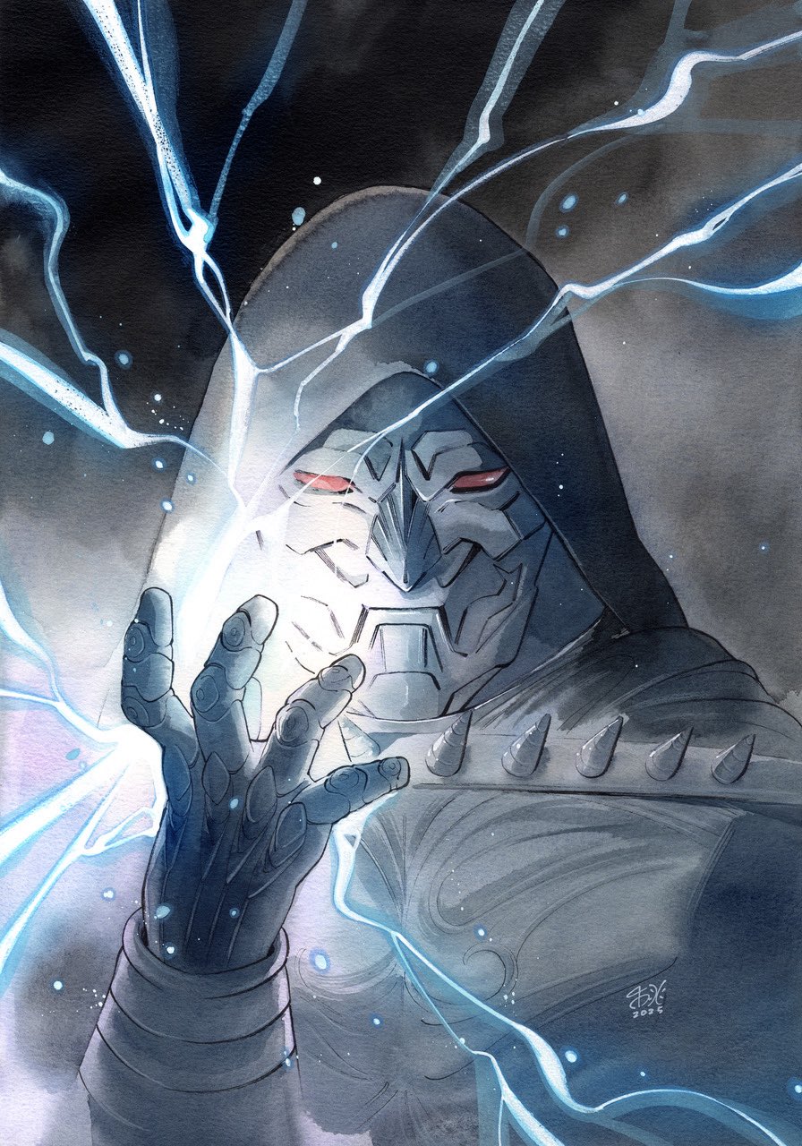peach momoko, doctor doom, doom 2099, marvel, commentary request, highres, official art, traditional media, armor, black background, dated, gauntlets, gradient background, grey background, hood, lightning, magic, mask, red eyes, signature, silver gauntlets, silver mask, spikes
