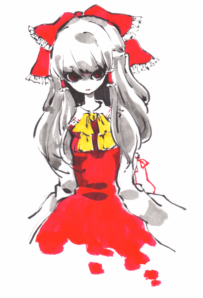 miri, miri (tobira no mukou), hakurei reimu, touhou, marker (medium), traditional media, 1girl, female focus, frills, grey hair, hair ribbon, long hair, pale skin, red eyes, ribbon, solo