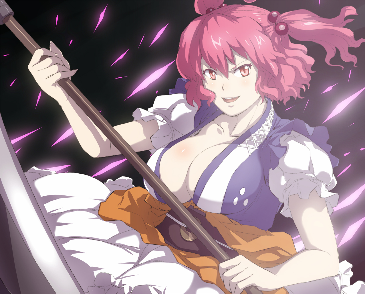 hamushima, onozuka komachi, touhou, bad id, bad pixiv id, 1girl, breasts, cleavage, collarbone, dress, female focus, fingernails, hair bobbles, hair ornament, large breasts, open mouth, puffy short sleeves, puffy sleeves, red eyes, red hair, short sleeves, solo, twintails, two side up, weapon
