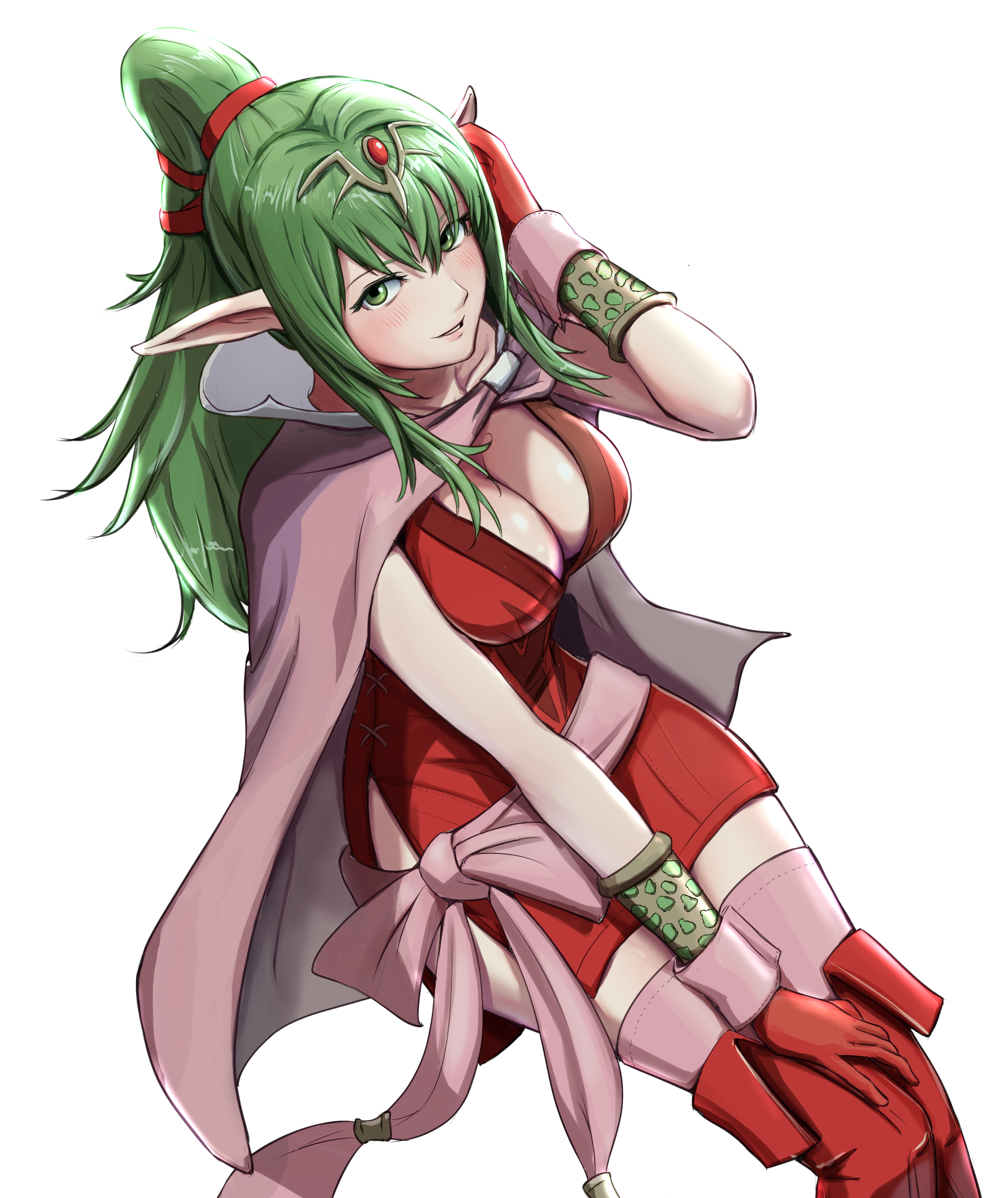 hgus5855, tiki (adult) (fire emblem), tiki (fire emblem), fire emblem, fire emblem awakening, nintendo, commentary request, highres, 1girl, blush, boots, breasts, cape, cleavage, dress, from above, gloves, green eyes, green hair, hair between eyes, hair ribbon, invisible chair, large breasts, long hair, looking at viewer, looking up, parted lips, pink cape, pink thighhighs, pointy ears, ponytail, red boots, red dress, red gloves, red ribbon, ribbon, sitting, smile, solo, thigh boots, thighhighs, thighs, tiara, white background