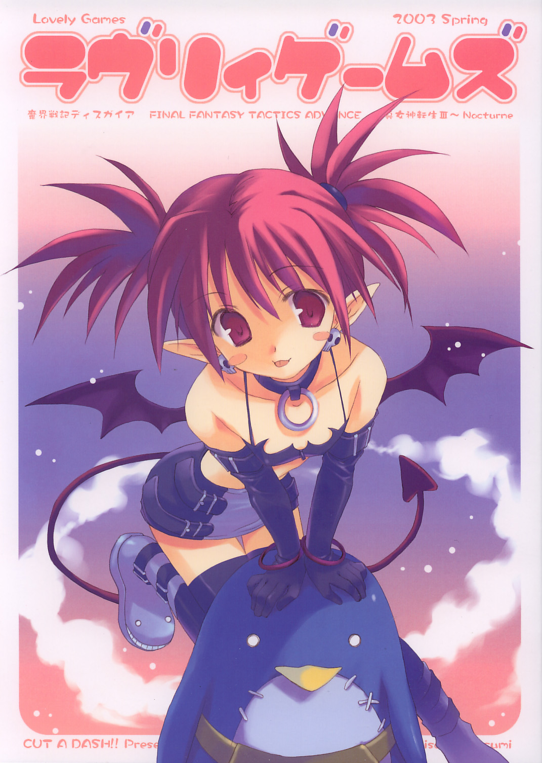 mitsumi misato, etna (disgaea), prinny, disgaea, makai senki disgaea 2, highres, 1girl, bat wings, demon girl, elbow gloves, female focus, gloves, miniskirt, red eyes, red hair, skirt, solo, tail, thighhighs, twintails, wings