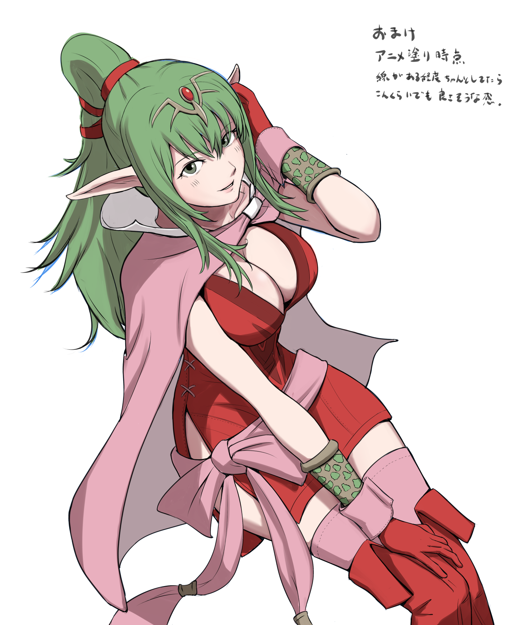 hgus5855, tiki (adult) (fire emblem), tiki (fire emblem), fire emblem, fire emblem awakening, nintendo, commentary request, highres, translation request, 1girl, blush, boots, breasts, cape, cleavage, dress, from above, gloves, green eyes, green hair, hair between eyes, hair ribbon, invisible chair, large breasts, long hair, looking at viewer, looking up, parted lips, pink cape, pink thighhighs, pointy ears, ponytail, red boots, red dress, red gloves, red ribbon, ribbon, sitting, smile, solo, thigh boots, thighhighs, thighs, tiara, white background