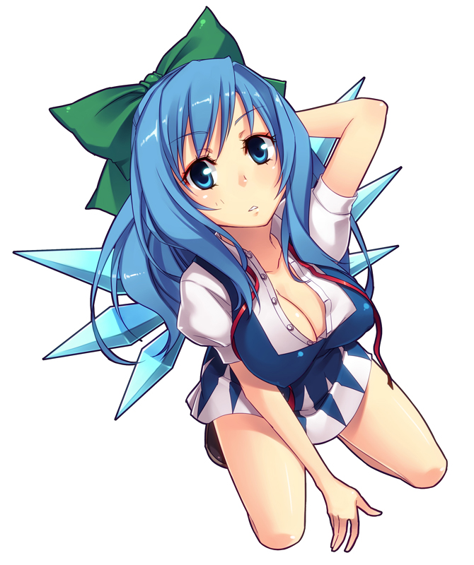 takahina, cirno, touhou, bad id, bad pixiv id, 1girl, aged up, alternate breast size (larger), alternate hair length, alternate hairstyle, arm behind head, arm support, blue hair, bow, breasts, cleavage, female focus, from above, hair bow, kneeling, large breasts, long hair, looking up, neck ribbon, ribbon, solo, unbuttoned, undone neck ribbon, wings