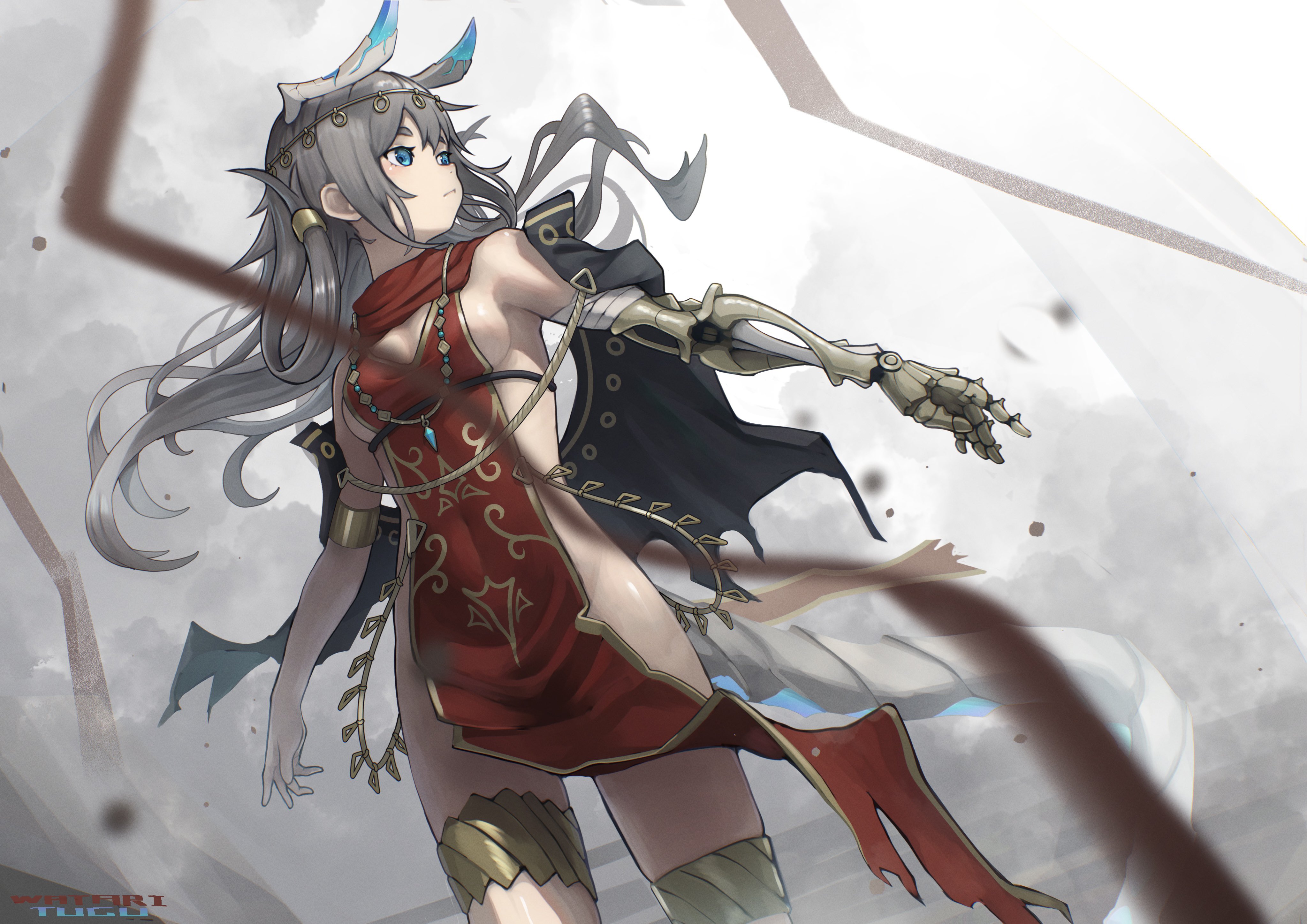 akemiya genma, original, absurdres, commentary, highres, 1girl, black cape, blue eyes, breasts, cape, dutch angle, grey hair, horns, jewelry, long hair, necklace, no panties, pelvic curtain, red scarf, red tabard, scarf, skeletal arm, solo, standing, tabard, thighlet