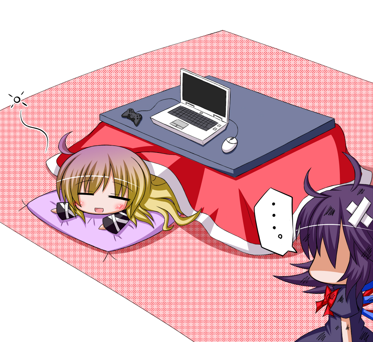 komakoma (magicaltale), hijiri byakuren, houjuu nue, touhou, …, 2girls, = =, ahoge, bandaid, blush, chibi, computer, computer keyboard, controller, female focus, game controller, gamepad, gradient hair, kotatsu, laptop, multicolored hair, multiple girls, purple hair, sleeping, table, under kotatsu, under table, wings