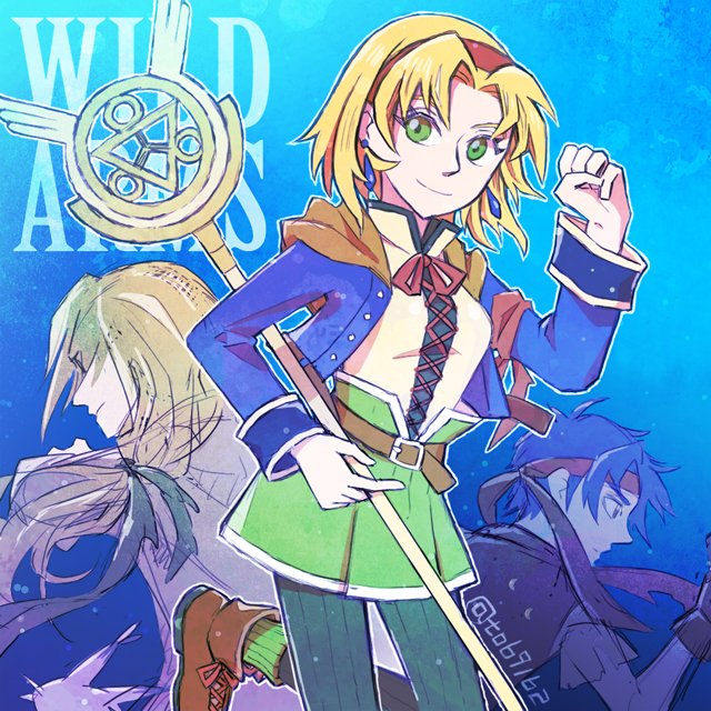 cecilia lynne adelhyde, hanpan, jack van burace, rody roughnight, wild arms, wild arms 1, commentary request, 1girl, 2boys, ahoge, blonde hair, blue hair, boots, closed mouth, coat, earrings, green eyes, hairband, holding, holding staff, jewelry, looking at viewer, multiple boys, red hairband, short hair, smile, staff, to69162, vest