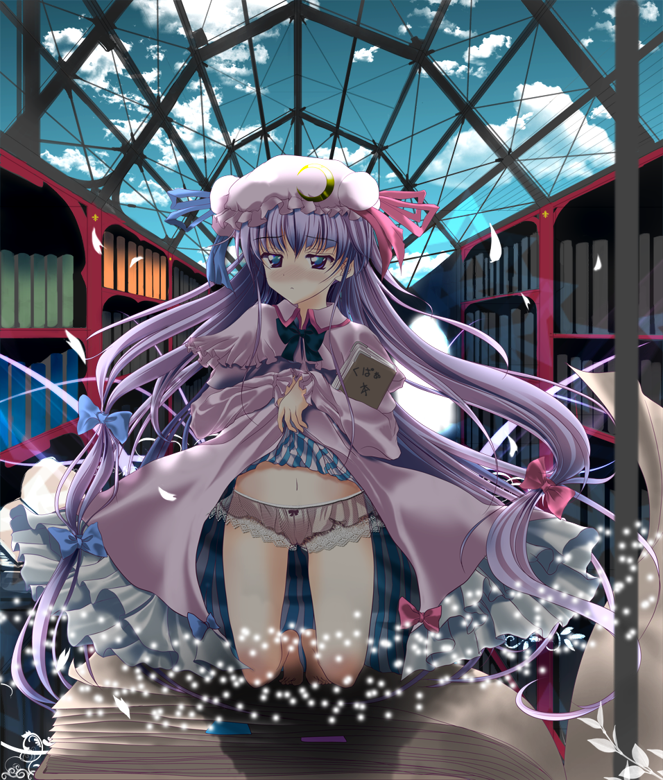 41y (yooichiwai), minase saki, patchouli knowledge, touhou, bad id, bad pixiv id, 1girl, blue eyes, blush, book, bookshelf, clothes lift, cloud, crescent, crescent moon, dress, dress lift, female focus, hair ribbon, hat, hat ribbon, moon, purple hair, ribbon, sky, solo