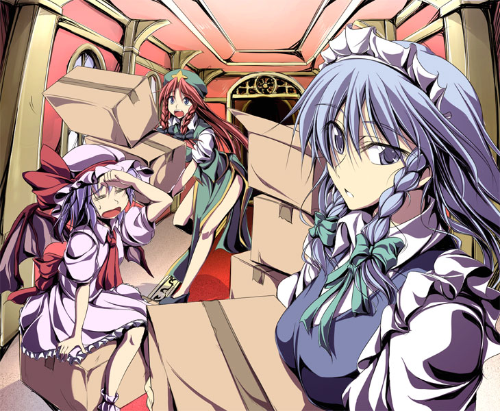 fuyuwa kotatsu, hong meiling, izayoi sakuya, remilia scarlet, embodiment of scarlet devil, touhou, 3girls, bat wings, blue eyes, blue hair, box, braid, breasts, female focus, green eyes, hat, hat ribbon, indoors, maid, maid headdress, multiple girls, red hair, ribbon, skirt, upper body, wings
