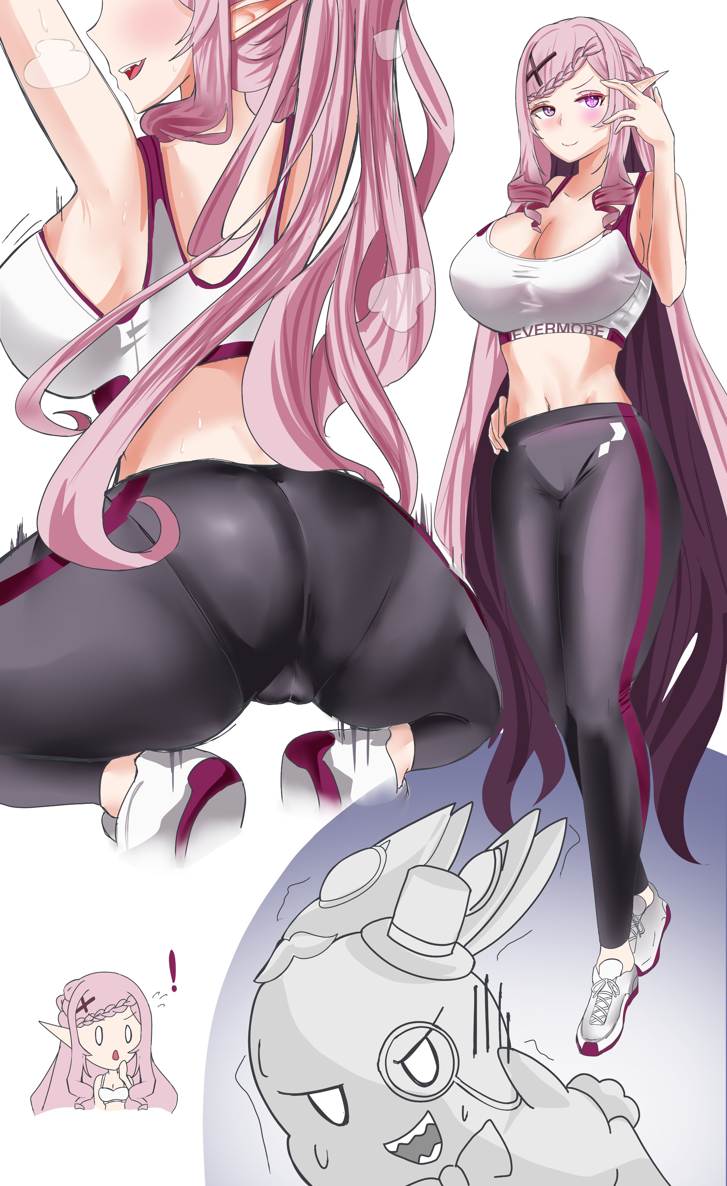 yharnams finest, malice evermore, phase connect, absurdres, commentary, english commentary, highres, !, 1girl, ass, black pants, blush, braid, breasts, cameltoe, cleavage, closed mouth, hair ornament, hat, long hair, navel, open mouth, pants, pink hair, pointy ears, shoes, smile, sneakers, sports bra, stomach, top hat, virtual youtuber, white sports bra, yoga pants