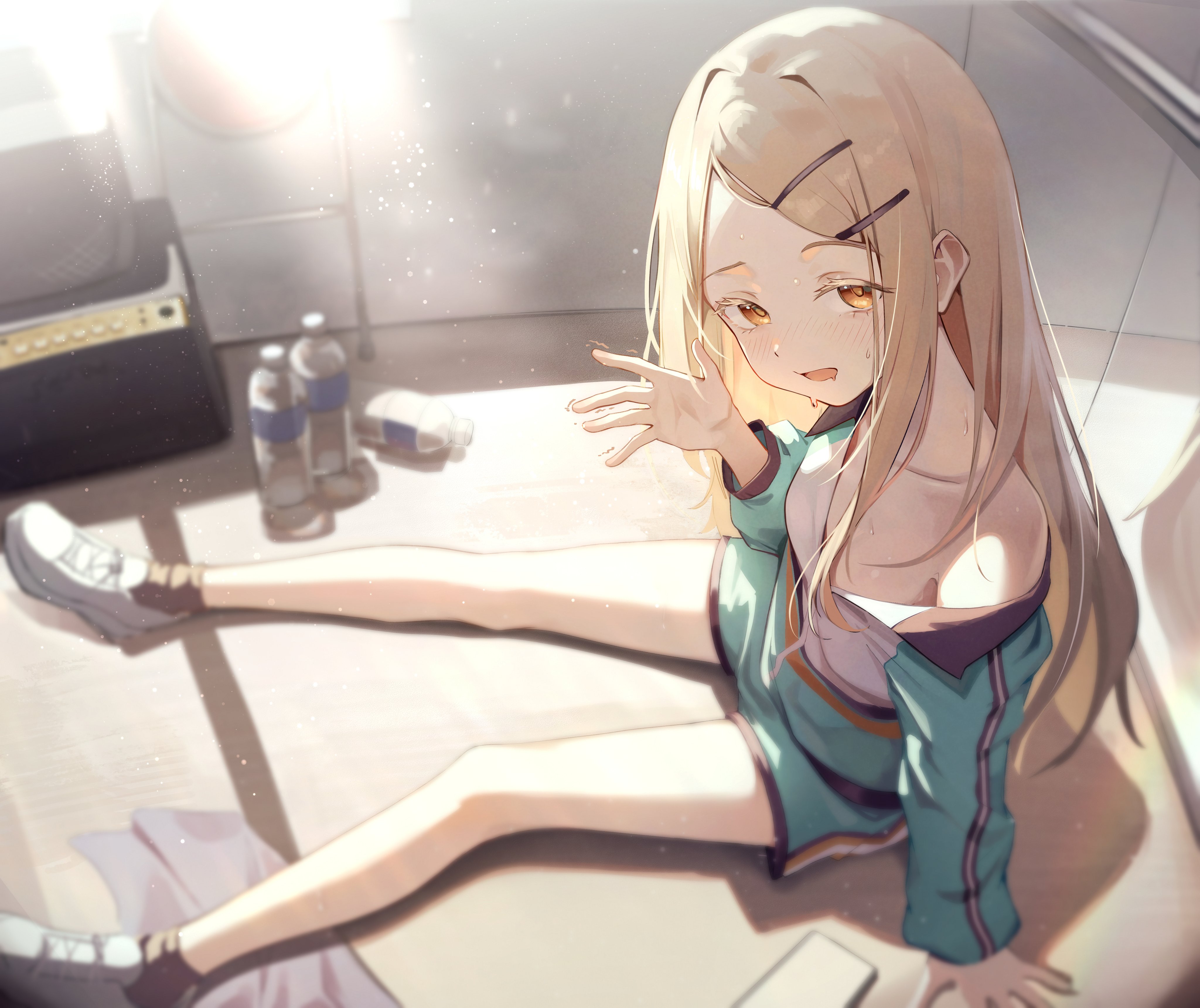 dampi, shinosawa hiro, gakuen idolmaster, idolmaster, absurdres, highres, 1girl, blonde hair, blue jacket, blue shorts, blurry, blush, bottle, cellphone, collarbone, depth of field, full body, hair ornament, hairclip, jacket, long hair, looking at viewer, mirror, off shoulder, official alternate costume, open mouth, orange eyes, parallel hairclips, parted bangs, phone, shoes, shorts, sidelocks, sitting, smartphone, solo, sweat, track jacket, trembling, water bottle, waving, white shoes