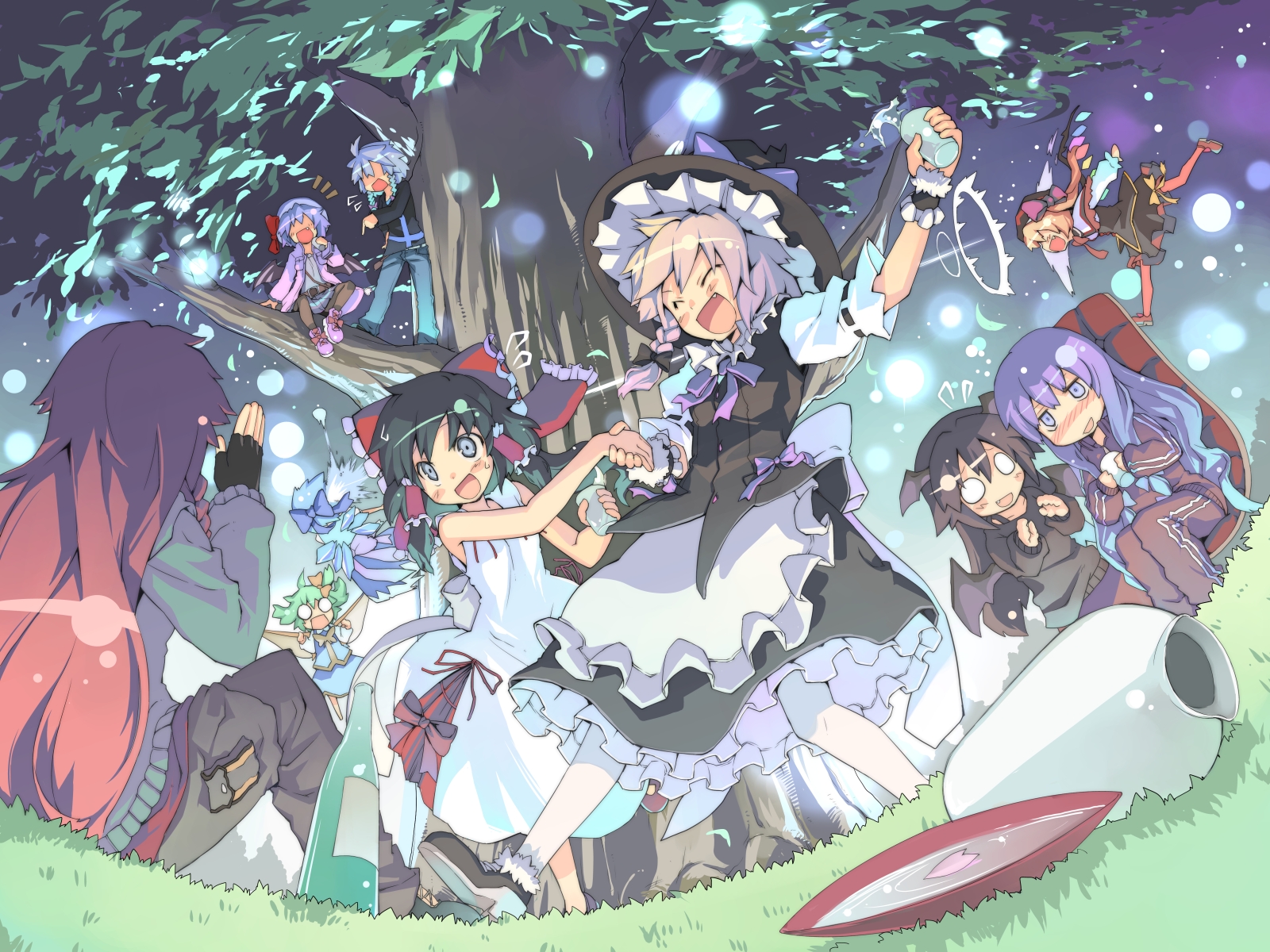 morino hon, cirno, daiyousei, flandre scarlet, hakurei reimu, hong meiling, izayoi sakuya, kirisame marisa, koakuma, patchouli knowledge, remilia scarlet, embodiment of scarlet devil, touhou, silver hair, highres, 6+girls, :d, ^^^, ^ ^, adapted costume, ahoge, alcohol, alternate color, alternate costume, alternate hair color, apron, bat wings, black hair, blonde hair, blue dress, blue eyes, blue hair, blush, blush stickers, bottle, bow, braid, brown hair, buttons, chair, closed eyes, contemporary, cup, dancing, danmaku, dress, fang, fingerless gloves, floating, flying sweatdrops, frills, gloves, grass, green hair, hair bow, hair tubes, hat, hat bow, hat ribbon, head wings, holding hands, large bow, light particles, long hair, multiple girls, night, no eyes, no nose, o o, open mouth, pants, pantyhose, pointing, purple eyes, purple hair, red hair, ribbon, sakazuki, sake, shoes, sitting, skirt, skirt set, sky, smile, snowball, standing, striped clothes, striped dress, throwing, tokkuri, track suit, tree, twin braids, vertical stripes, very long hair, vest, waist apron, white dress, wings, witch hat, wrist cuffs