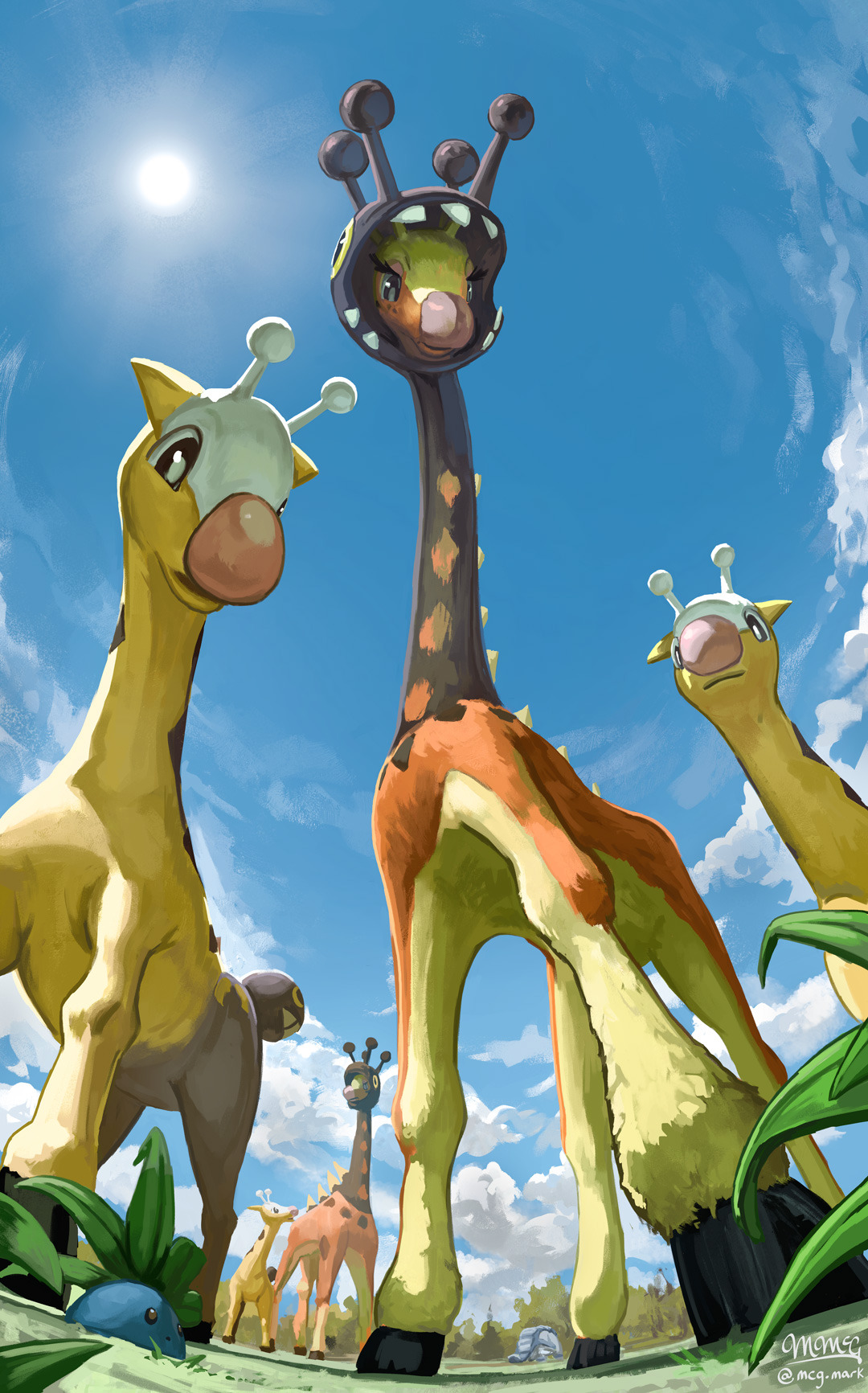 mcgmark, donphan, farigiraf, girafarig, oddish, nintendo, pokemon, commentary, english commentary, highres, big nose, black eyes, blue sky, bright pupils, day, eyelashes, from below, gen 1 pokemon, gen 2 pokemon, hooves, looking at viewer, no humans, orange fur, painterly, pokemon (creature), pokemon focus, pov, signature, sky, sun, white pupils, yellow fur