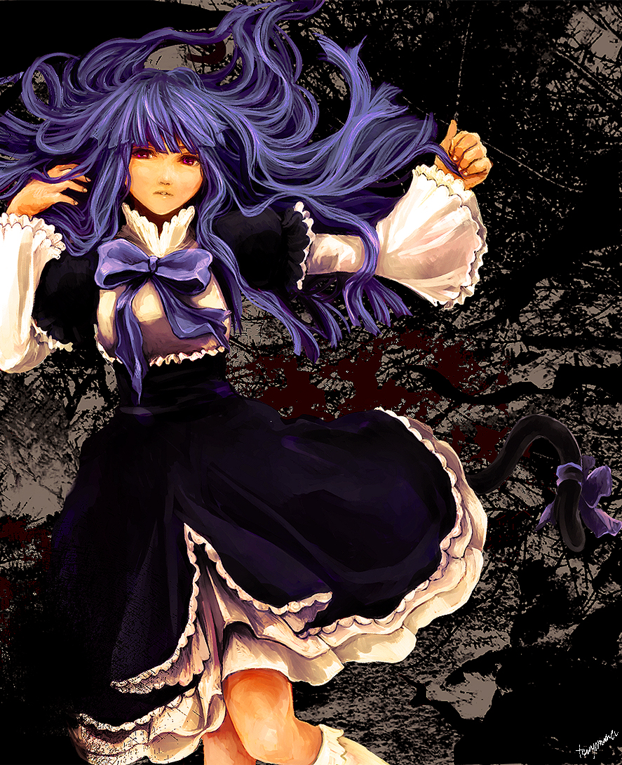 tsuyomaru, frederica bernkastel, umineko no naku koro ni, bad id, bad pixiv id, 1girl, bow, dress, female focus, frills, gothic lolita, lolita fashion, long hair, lying, purple eyes, purple hair, ribbon, socks, solo, tail, tail ornament, tail ribbon