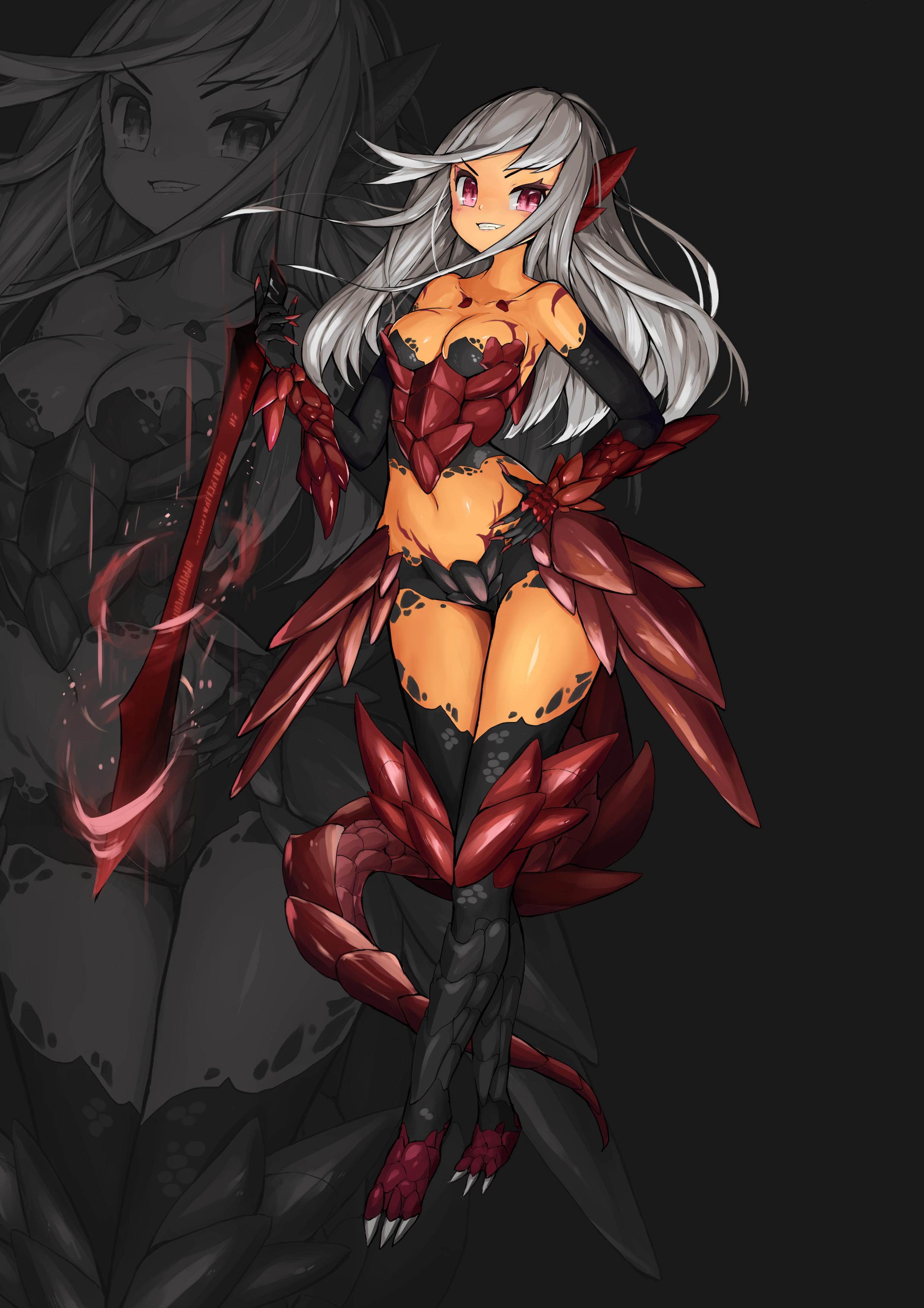 shitoi (aqua1487), original, absurdres, commentary request, highres, 1girl, animal ears, bare shoulders, black background, blush, body markings, breasts, claws, cleavage, detached sleeves, different zoom layer, digitigrade, dragon ears, dragon girl, dragon tail, floating hair, full body, grey hair, groin, holding, holding sword, holding weapon, long hair, long sidelocks, looking at viewer, medium breasts, monster girl, navel, organic bra, red eyes, red nails, red scales, red tail, scales, sharp teeth, sidelocks, solo, sword, tail, teeth, weapon