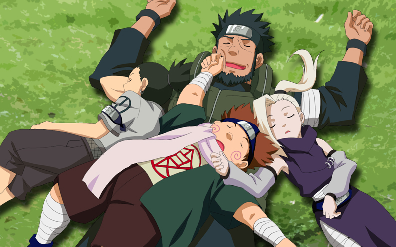 senichi (yukinodeku), yukinodeku, akimichi chouji, nara shikamaru, sarutobi asuma, yamanaka ino, naruto (classic), naruto (series), md5 mismatch, 1girl, 3boys, beard, black hair, blonde hair, brown hair, cheek swirl, closed eyes, detached sleeves, facial hair, headband, konohagakure symbol, long hair, lying, male focus, multiple boys, on back, open mouth, sleeping