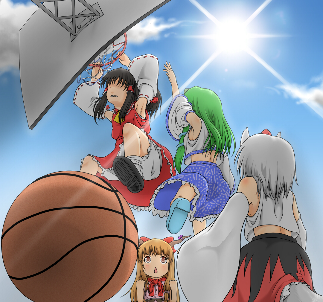 haty, hakurei reimu, ibuki suika, inubashiri momiji, kochiya sanae, touhou, 4girls, animal ears, armpits, ball, basketball, basketball (object), black hair, blonde hair, bloomers, detached sleeves, female focus, gradient background, green hair, hair ribbon, hat, japanese clothes, lens flare, miko, multiple girls, outdoors, ribbon, skirt, sky, slam dunk (basketball), tail, underwear, upskirt, white hair, wolf ears, wolf tail
