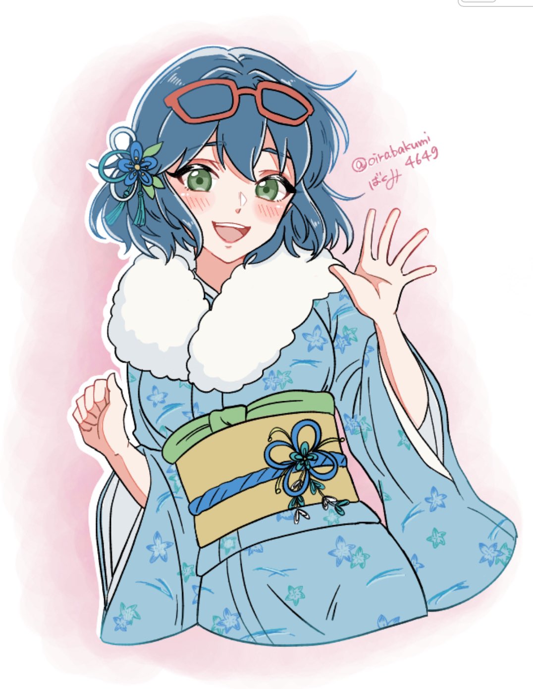 oirabakumi4649, otonashi haruna, inazuma eleven, inazuma eleven (series), commentary, highres, 1girl, artist name, blue hair, blue kimono, blush, border, breasts, eyewear on head, fading border, floral print, flower, fur-trimmed kimono, fur trim, glasses, green eyes, hair flower, hair ornament, hand up, japanese clothes, kimono, medium breasts, medium hair, pink background, sash, smile, solo, twitter username, white border, wide sleeves, yellow sash
