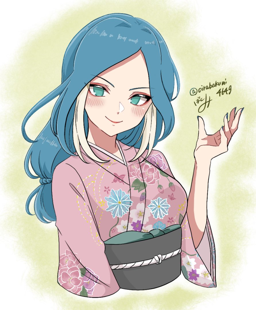 oirabakumi4649, urubida, inazuma eleven, inazuma eleven (series), commentary, 1girl, aqua eyes, artist name, black sash, blue hair, blue nails, blush, border, breasts, eyeshadow, fading border, floral print, green background, hand up, japanese clothes, kimono, large breasts, long hair, low-tied long hair, makeup, multicolored hair, no pupils, pink eyeshadow, pink kimono, sash, smile, solo, the genesis, twitter username, two-tone hair, white border, white hair