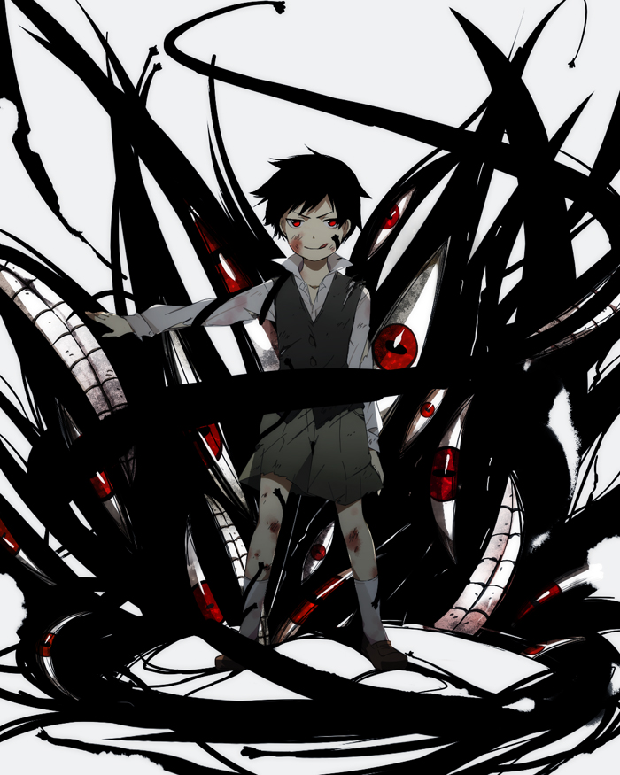 edato, pride (fma), selim bradley, fullmetal alchemist, homunculus, bad id, bad pixiv id, spoilers, 00s, 1boy, black hair, blood, child, darkness, male focus, red eyes, shadow, short hair, shorts, smile, solo, teeth, tongue