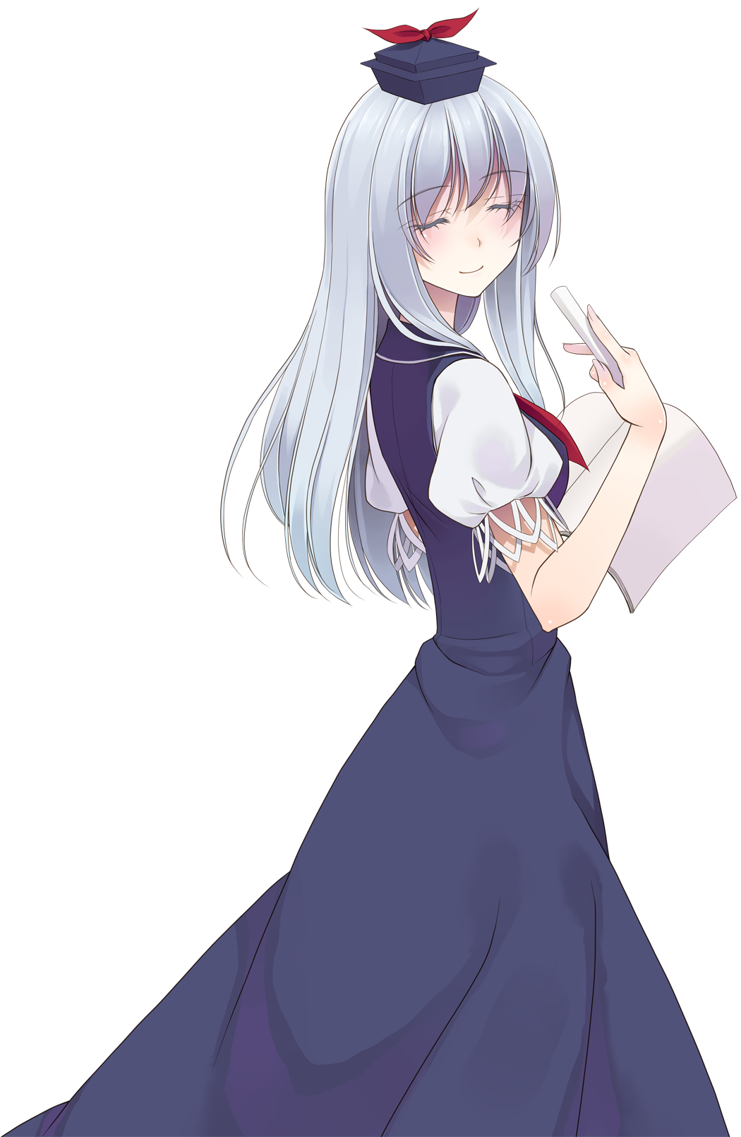 crote, kamishirasawa keine, touhou, commentary request, highres, large variant set, variant set, 1girl, blue dress, blue hat, blush, book, chalk, closed eyes, closed mouth, cowboy shot, dress, fingernails, from side, grey hair, hand up, hat, holding, holding chalk, long dress, long hair, looking back, puffy short sleeves, puffy sleeves, raised eyebrows, shirt, short sleeves, sleeveless, sleeveless dress, smile, solo, standing, tachi-e, transparent background, turning head, u u, white shirt