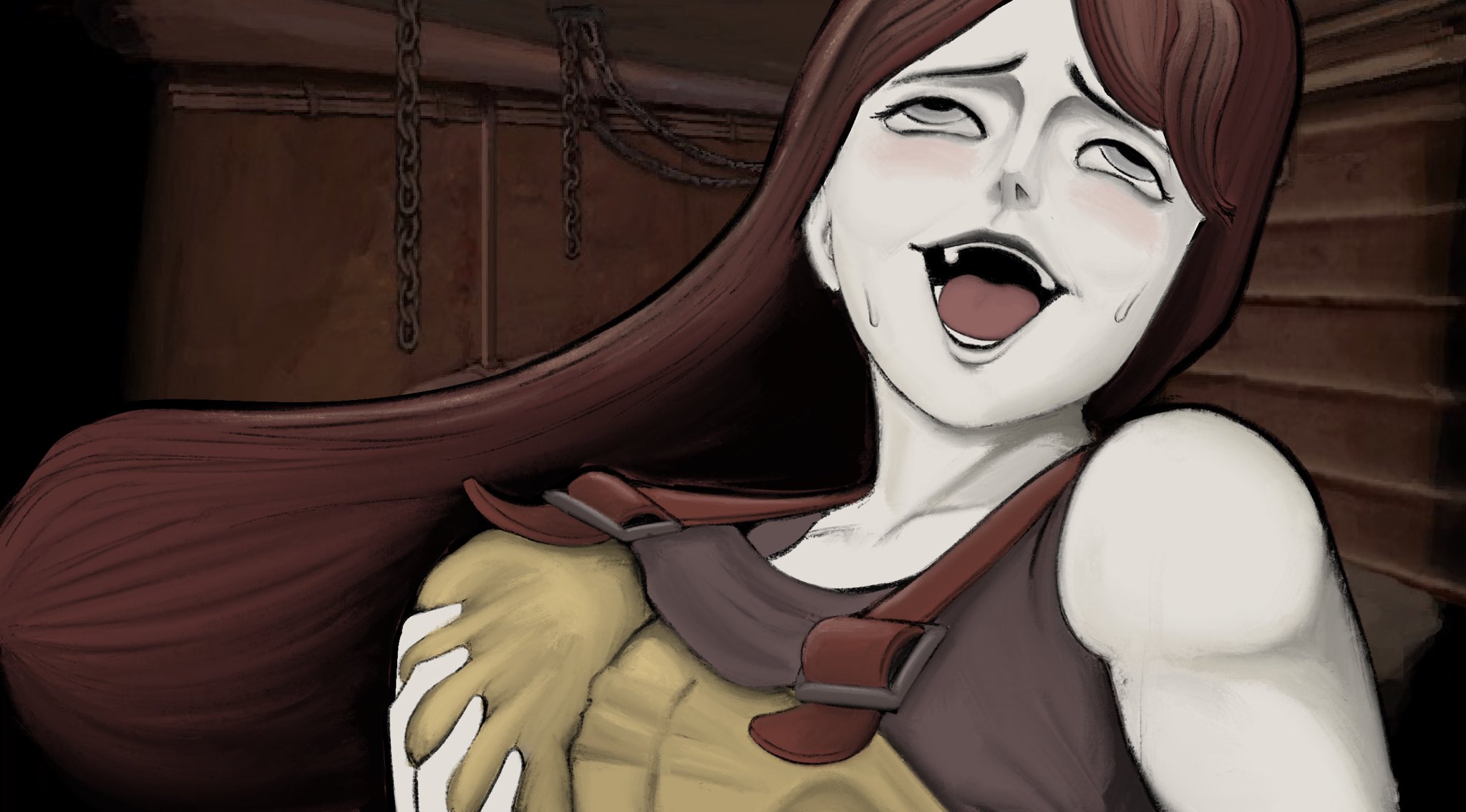 abella (fear & hunger), fear & hunger (series), fear & hunger 2: termina, commentary, english commentary, highres, 1girl, bare shoulders, breasts, brown tank top, ecstasy, grabbing own breast, grey eyes, large breasts, long hair, meme, open mouth, overalls, purpl gal, red hair, rolling eyes, smile, solo, sweat, tank top, upper body, yellow overalls, yumeko grabbing her own boob (meme)