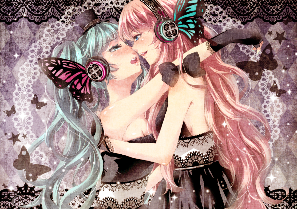 tottsuan, hatsune miku, megurine luka, magnet (vocaloid), vocaloid, 2girls, aqua eyes, aqua hair, blush, butterfly hair ornament, butterfly wings, doily, dress, face-to-face, fingerless gloves, gloves, hair ornament, hat, headphones, headset, hug, imminent kiss, insect wings, long hair, mini hat, mini top hat, multiple girls, pink hair, smile, top hat, twintails, wings, yuri