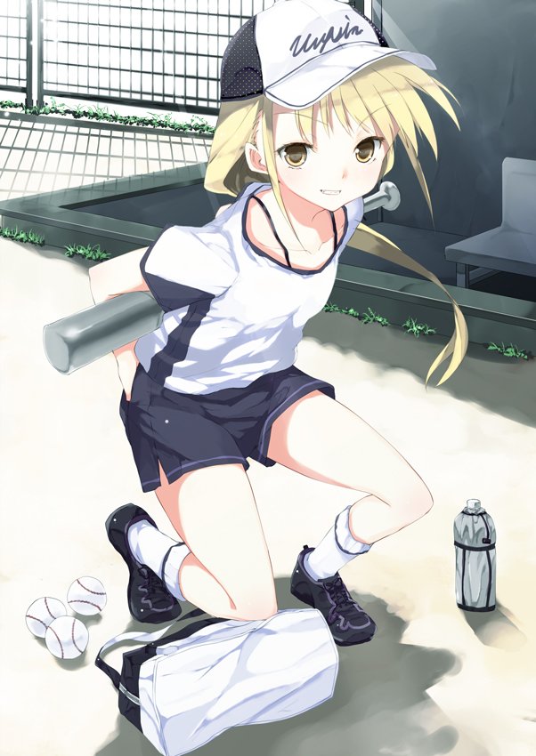 subachi, original, bad id, bad pixiv id, 1girl, baseball, baseball bat, baseball cap, blonde hair, female focus, full body, grin, hat, leaning forward, long hair, outdoors, shoes, shorts, smile, sneakers, solo