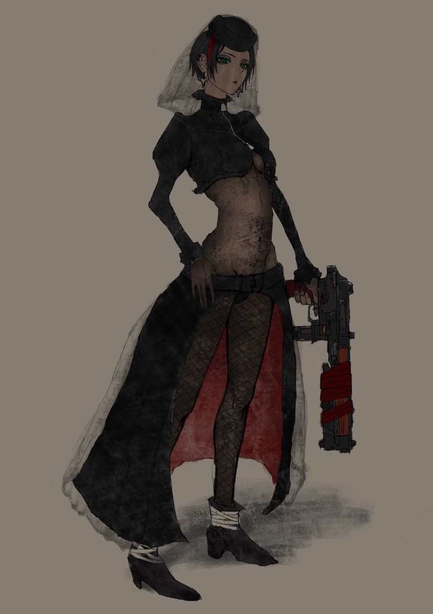 mero (ilsttkgbz11), crow (nikke), goddess of victory: nikke, character request, 1girl, bird, crow, groin, gun, looking at viewer, midriff, navel, simple background, weapon