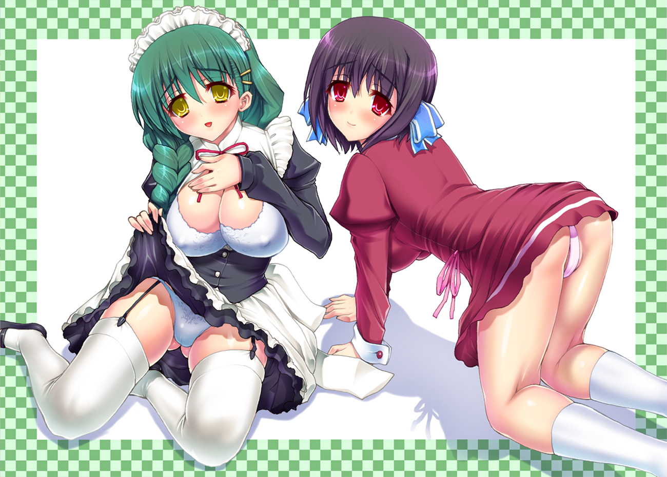 kotobuki utage, saikyou tomomi, shikikagami sanae, ladies versus butlers!, 2girls, all fours, ass, black hair, blush, braid, breasts, cleavage, clothes lift, covered erect nipples, dress, garter belt, garter straps, green hair, hair ornament, hair ribbon, hairclip, large breasts, maid, maid headdress, multiple girls, panties, pink panties, red eyes, ribbon, school uniform, skirt, skirt lift, socks, thighhighs, underwear, upskirt, white panties, white thighhighs, yellow eyes