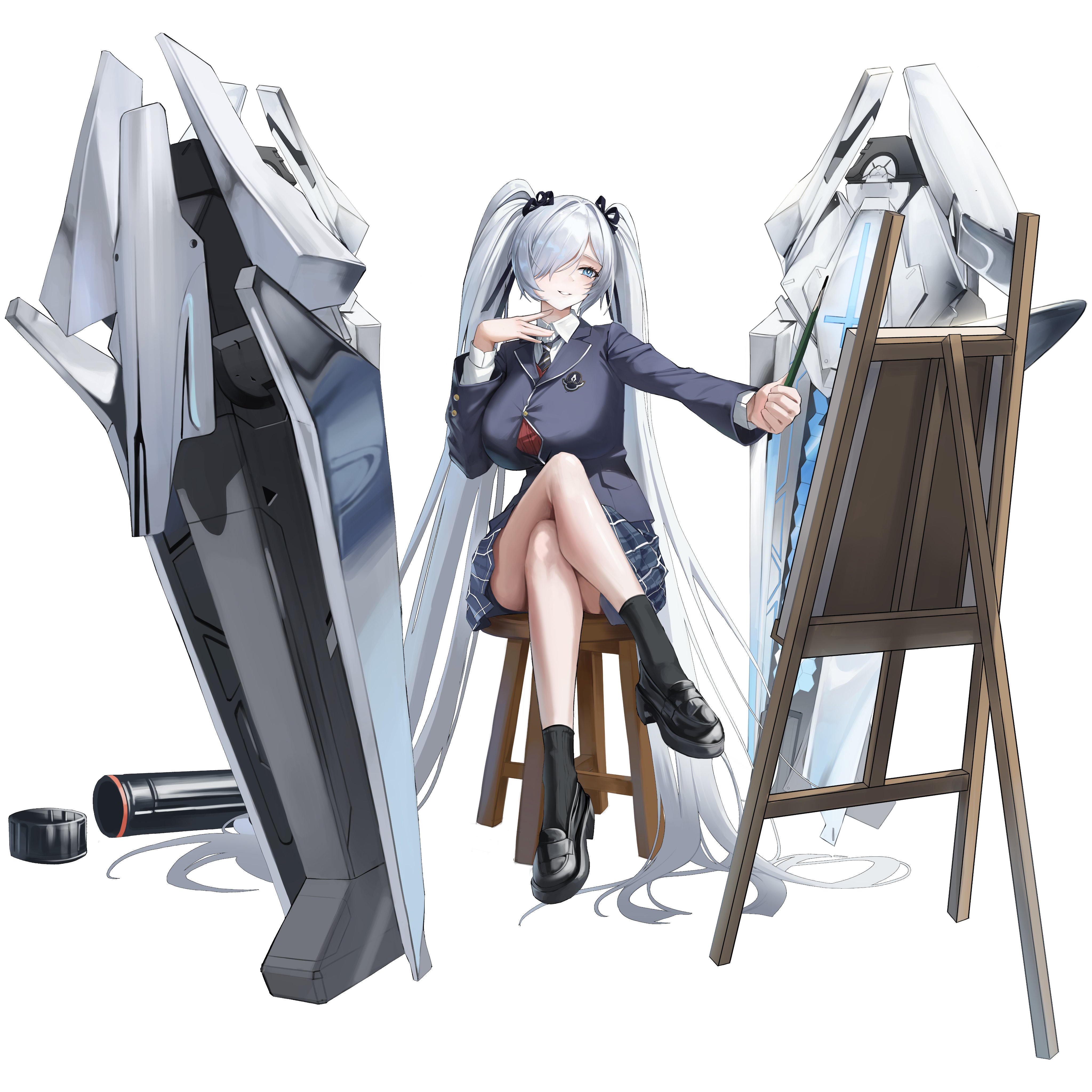hwan (user cvmy2758), cinderella (nikke), goddess of victory: nikke, absurdres, commentary, english commentary, highres, 1girl, black jacket, black ribbon, black shoes, black socks, blue eyes, breasts, crossed legs, drawing (action), easel, full body, hair over one eye, hair ribbon, holding, holding pencil, huge breasts, jacket, long hair, necktie, on stool, pencil, plaid clothes, plaid skirt, pleated skirt, ribbon, school uniform, shoes, simple background, sitting, skirt, socks, solo, thighs, twintails, very long hair, white background, white hair