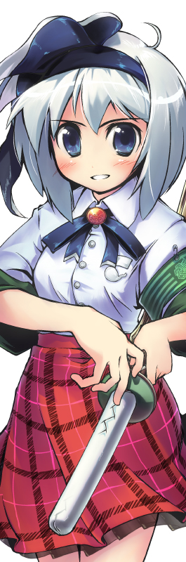 nanaroku (fortress76), konpaku youmu, touhou, plaid, silver hair, long image, tall image, 1girl, alternate costume, armband, blue eyes, female focus, fighting stance, grin, hairband, katana, ready to draw, school uniform, shinai, short hair, smile, solo, sword, weapon, white background
