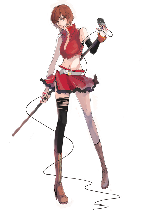 meiko (vocaloid), rama, vocaloid, 1girl, boots, brown eyes, brown hair, female focus, full body, microphone, microphone stand, midriff, short hair, simple background, single thighhigh, skirt, smile, solo, standing, thighhighs, white background