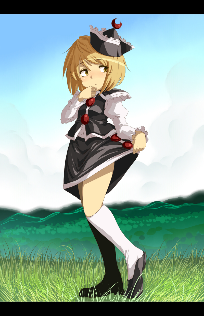 harusame (unmei no ikasumi), lunasa prismriver, touhou, highres, 1girl, blonde hair, clothes lift, day, female focus, full body, hat, kneehighs, nature, outdoors, short hair, skirt, skirt lift, sky, socks, solo, white socks, yellow eyes