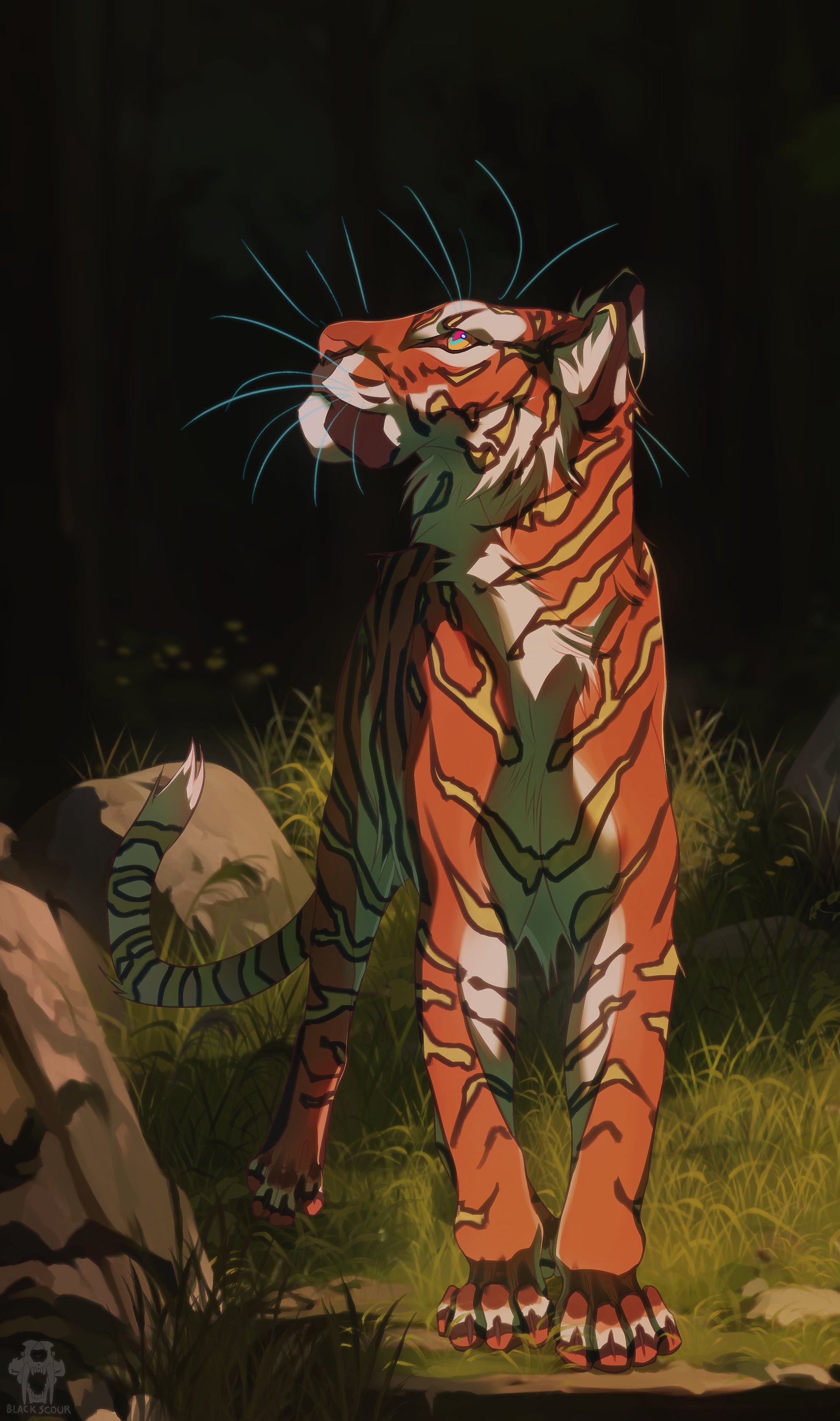original, absurdres, commentary, commentary request, highres, animal focus, anime coloring, blackscour, blurry, blurry background, claws, depth of field, forest, grass, nature, no humans, rock, solo, standing, tiger, tree
